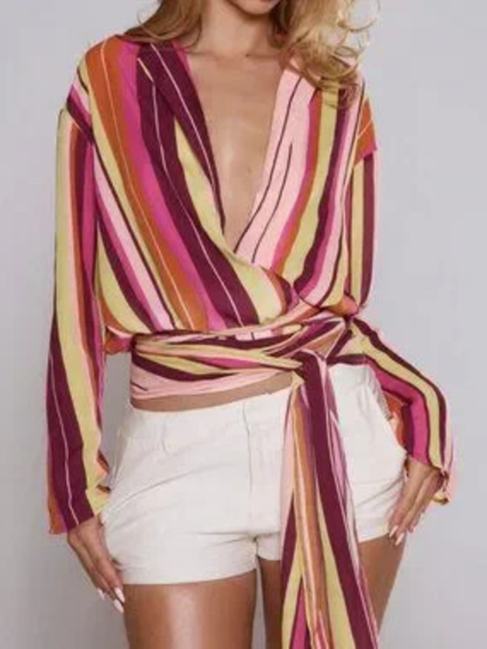 Pink Casual Women's Striped Plunge V Front Tie Side Long Sleeve Top